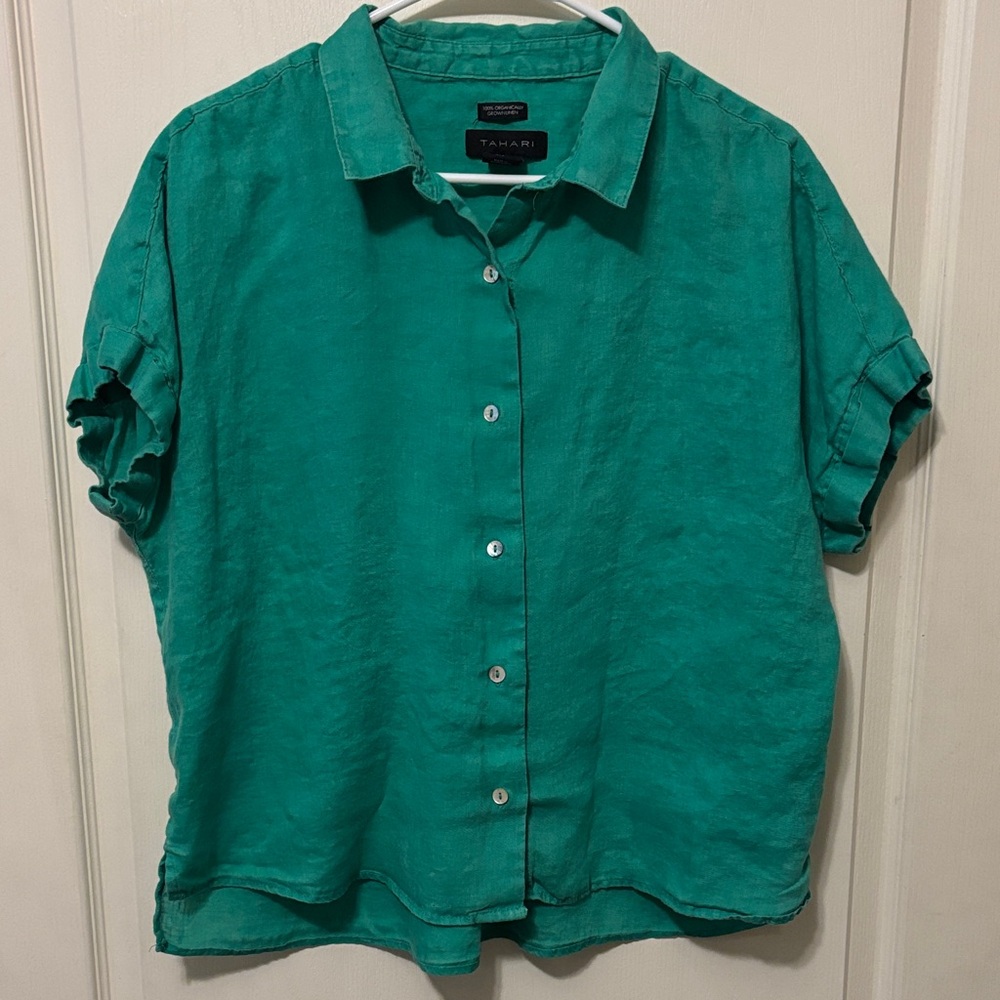 Tahari Green 100% Organic Linen Short-Sleeve Button-Up Linen Top